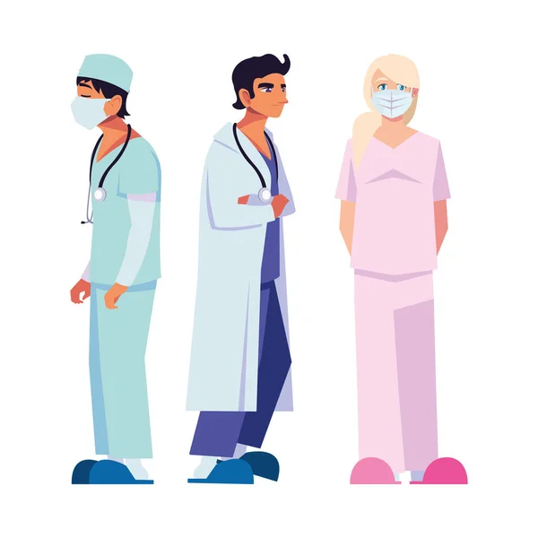 Vrouwelijke en mannelijke artsen met uniformen en maskers vector ontwerp — Stockvector