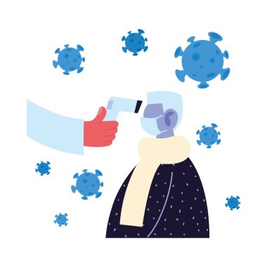 El ele tutuşan termometre silahı yaşlı adamın sıcaklık vektör tasarımını kontrol ediyor