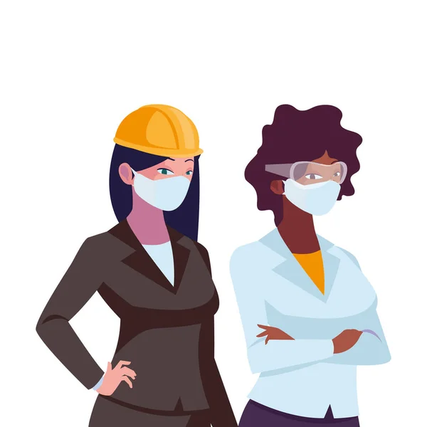 फेस मास्क के साथ औद्योगिक महिला श्रमिकों — स्टॉक वेक्टर