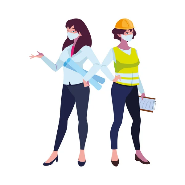 Trabajadoras industriales con máscaras faciales — Vector de stock