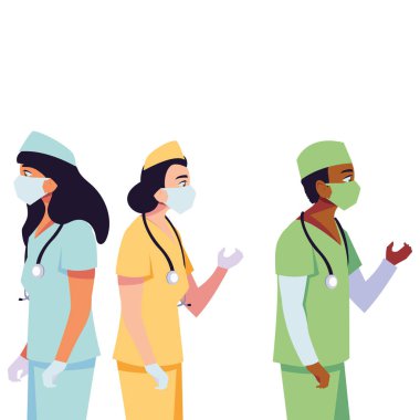 Üniformalı ve maskeli kadın ve erkek doktorlar vektör tasarımı