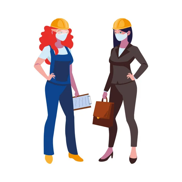 Mulheres trabalhadoras industriais com máscaras faciais —  Vetores de Stock