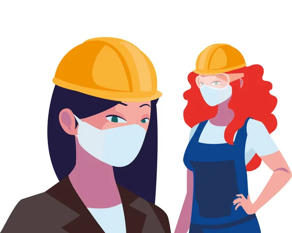 Kvinnliga industriarbetare med ansiktsmasker — Stock vektor