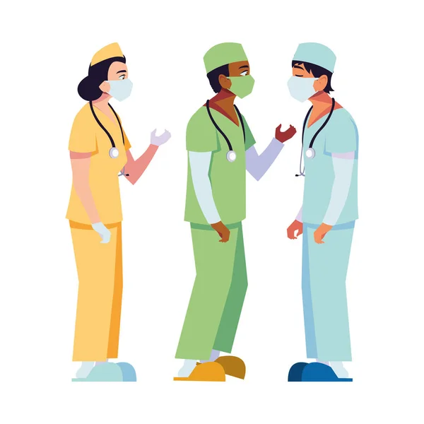 Female and male doctors with uniforms and masks vector design — Stock Vector