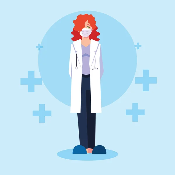 Mujer médico con uniforme y máscara delante de cruces de diseño vectorial — Archivo Imágenes Vectoriales