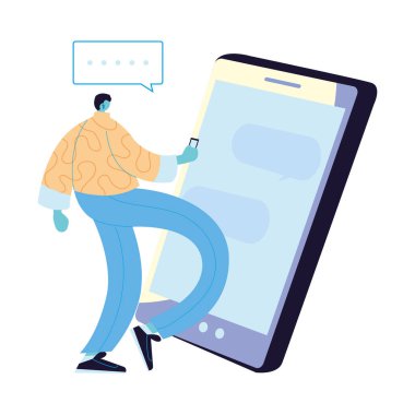 Akıllı telefon ve kabarcık vektör tasarımlı erkek karikatürü