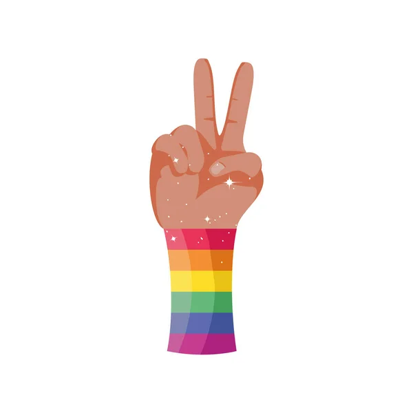 Mano con gay orgullo paz y amor símbolo en blanco fondo — Vector de stock