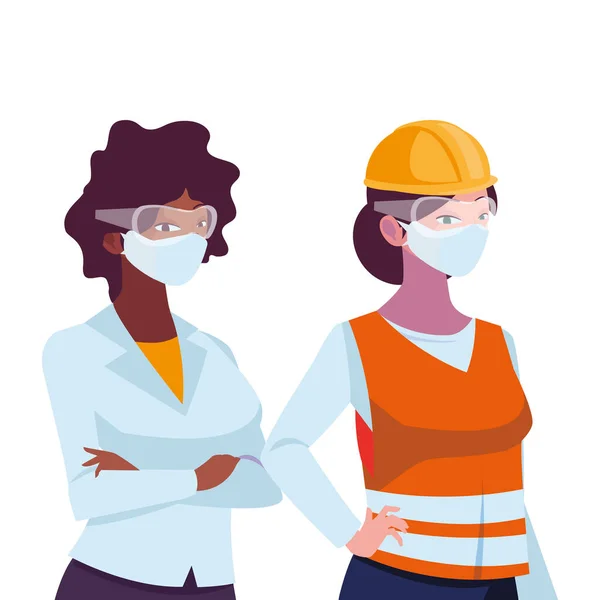 Mulheres trabalhadoras industriais com máscaras faciais — Vetor de Stock