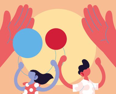 kız ve erkek çizgi film elleri arasında balonlar vektör tasarımı