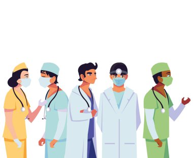 Üniformalı ve maskeli kadın ve erkek doktorlar vektör tasarımı