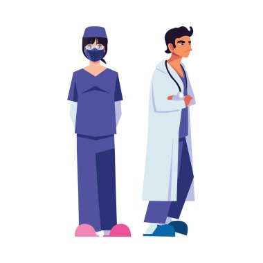 Üniformalı ve maskeli kadın ve erkek doktor.
