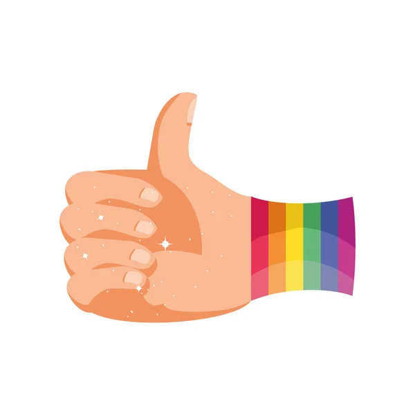 Mano en gay orgullo aprobación símbolo en blanco fondo — Vector de stock