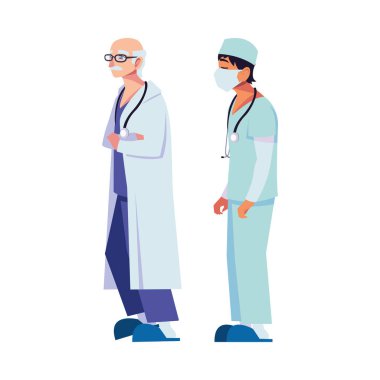 Üniformalı ve maskeli vektör tasarımlı erkekler