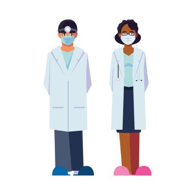 Üniformalı ve maskeli kadın ve erkek doktor vektör tasarımlı.
