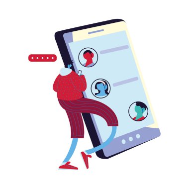 Akıllı telefon ve kabarcık vektör tasarımlı erkek karikatürü