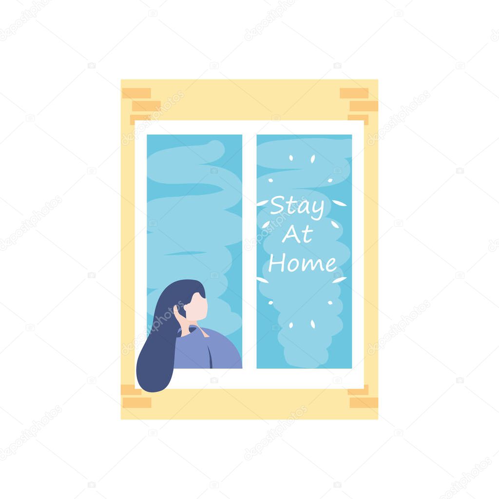 stay at home campaign, woman in the house window