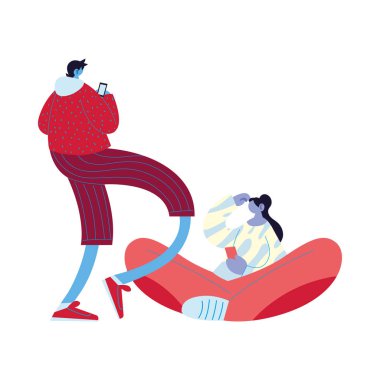 Akıllı telefon vektör tasarımlı kadın ve erkek çizgi filmi