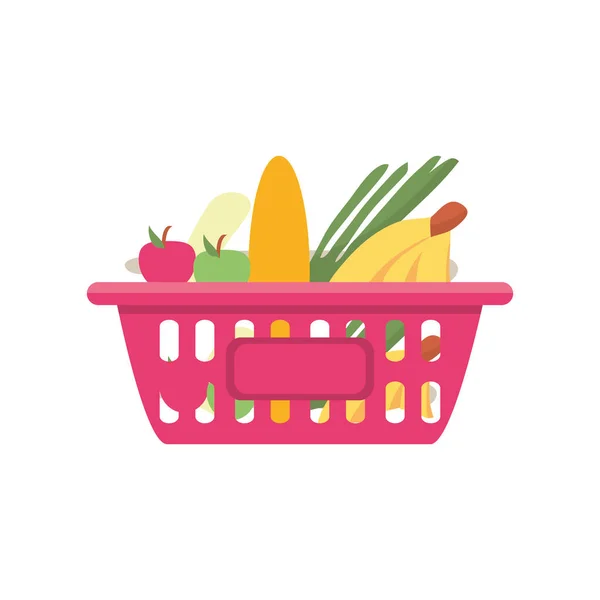 Cesta de la compra con frutas y verduras sobre fondo blanco — Vector de stock