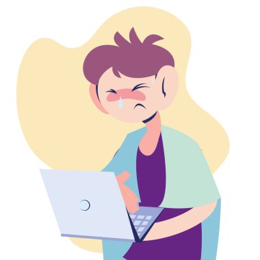 Bilgisayarda çalışan hasta adam.