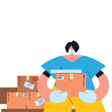 Yüz maskeli, eldivenli ve nakliye paketli bir kadın.