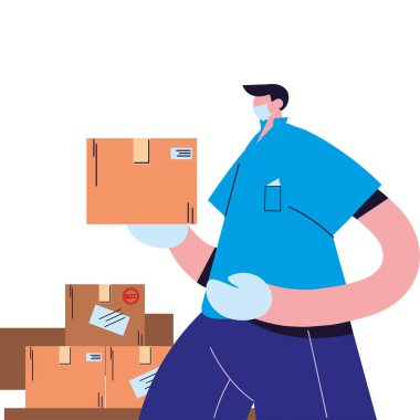 maske, eldiven ve nakliye paketleri taşıyan kurye
