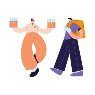 Maskeli kuryeler, eldivenler ve nakliye paketleri.