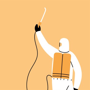 Adam koruyucu giysi giyiyor, Coronavirüs ya da covid 19 'dan dezenfekte oluyor.