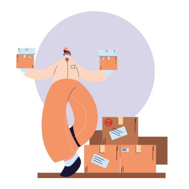 maske, eldiven ve nakliye paketleri taşıyan kurye