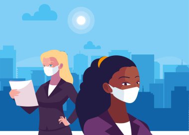 Maskeli ve belge vektör tasarımlı iş kadınları