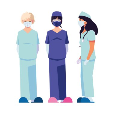 Üniformalı ve maskeli kadın ve erkek doktorlar vektör tasarımı