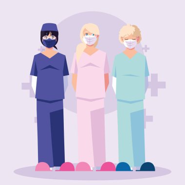 Haç tasarımı önündeki üniformalı ve maskeli kadın ve erkek doktorlar.