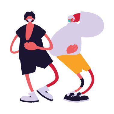 Maskeli ve giysi vektör tasarımlı şehir adamı çizgi filmleri.