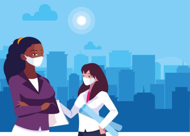 Maskeli ve planlı vektör tasarımlı mimar ve mühendis kadın