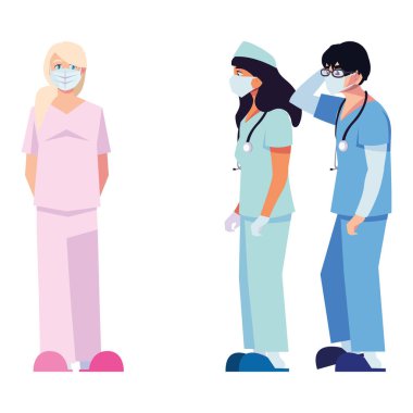 Üniformalı ve maskeli kadın ve erkek doktorlar vektör tasarımı