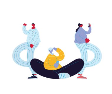 İnsanlar gündelik kıyafetleri ve akıllı telefonları olan çizgi filmlerde vektör tasarımında sohbet ediyorlar.