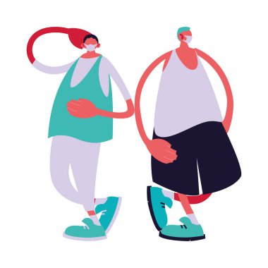 Maskeli ve giysi vektör tasarımlı şehir adamı çizgi filmleri.