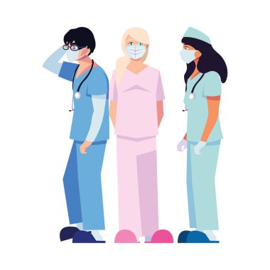Üniformalı ve maskeli kadın ve erkek doktorlar vektör tasarımı