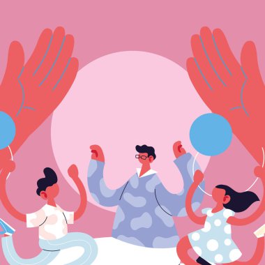 Baba oğul ve kız çizgi film elleri arasında balonlar