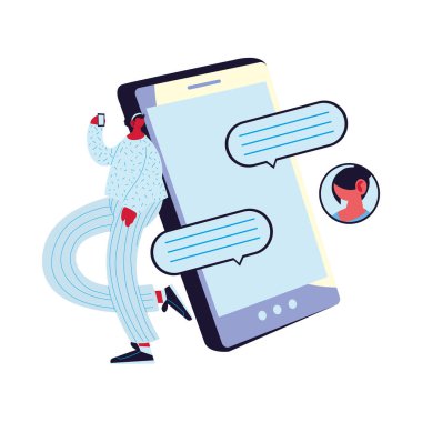 Akıllı telefon ve kabarcık vektör tasarımlı kadın çizgi filmi