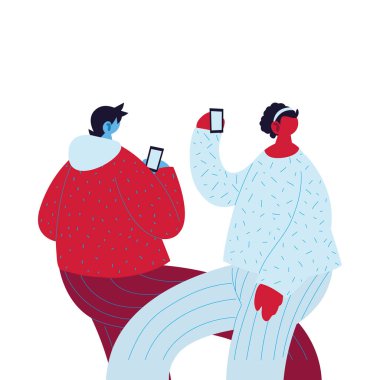 Akıllı telefon vektör tasarımlı kadın ve erkek çizgi filmi