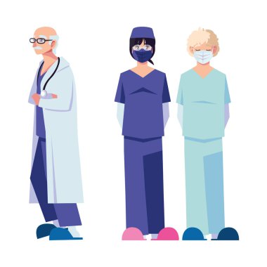 Üniformalı ve maskeli kadın ve erkek doktorlar vektör tasarımı
