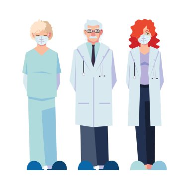 Üniformalı ve maskeli kadın ve erkek doktorlar vektör tasarımı