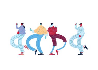 İnsanlar gündelik kıyafetleri ve akıllı telefonları olan çizgi filmlerde vektör tasarımında sohbet ediyorlar.