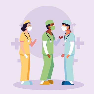 Haç tasarımı önündeki üniformalı ve maskeli kadın ve erkek doktorlar.