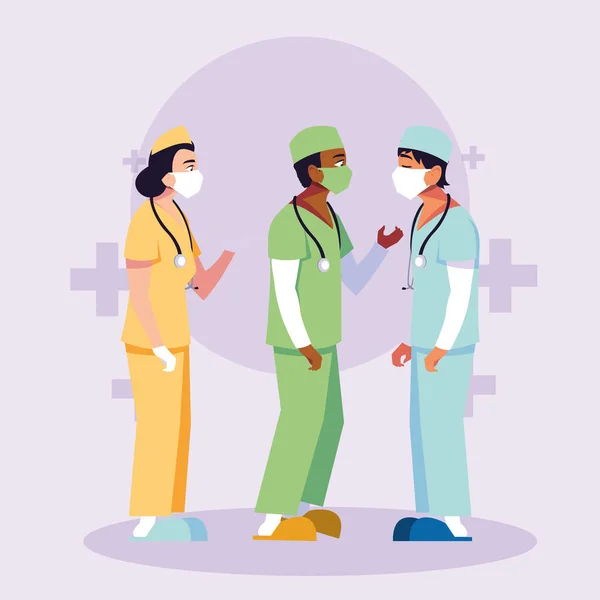 Men and woman doctors with uniforms and masks in front of crosses vector design — Stock Vector