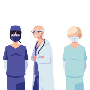 Üniformalı ve maskeli kadın ve erkek doktorlar vektör tasarımı
