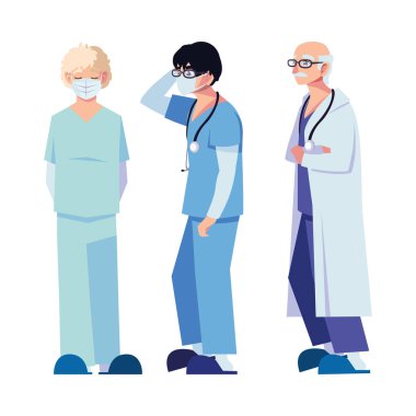 Üniformalı ve maskeli kadın ve erkek doktorlar vektör tasarımı