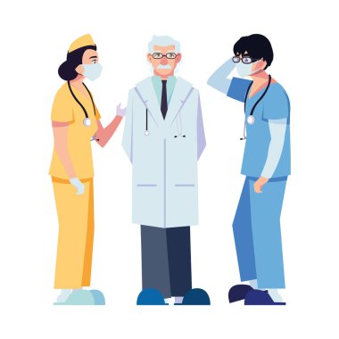 Üniformalı ve maskeli kadın ve erkek doktorlar vektör tasarımı