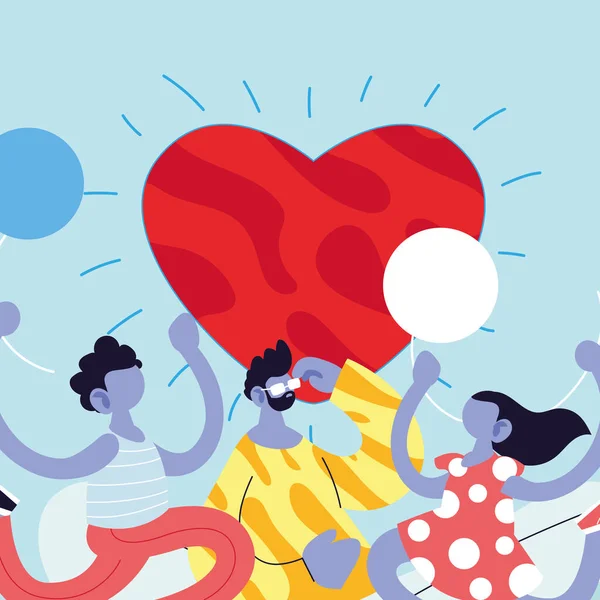 Pai filho e filha desenhos animados com balões e design de vetor de coração —  Vetores de Stock