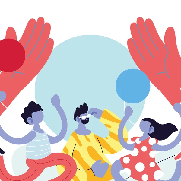 Pai filho e filha desenhos animados com balões entre mãos design vetorial — Vetor de Stock